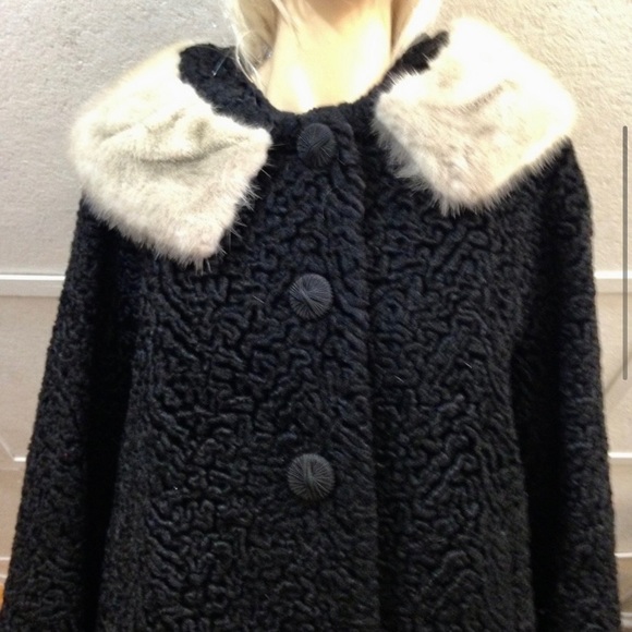 Vintage, Genuine Miracurl, Black Persian Lamb with Gray Collar Dress Coat  (L) - Picture 5 of 12